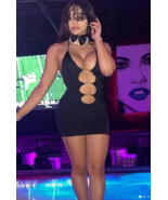 Backless Halter Neck Tie-Front Mini Dress - Solid Black with Metal Cut-O... - $30.84 CAD