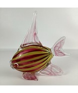 Hand Blown Art Glass Tropical Fish Pink Yellow Stripes Murano Style Coastal - $270.69 CAD