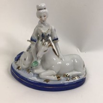 Vintage Figurine Girl With Horse Blue white Zhongguo Zhi Zao Porcelain Red Stamp - £23.72 GBP