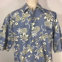 Campia Moda Hawaiian Aloha Shirt Pineapple Floral Blue Beige  Large Flowers - £31.85 GBP