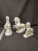 3 VTG Glossy White Ceramic Unicorn Statues Prancing Figurines Gold Horns - $21.85