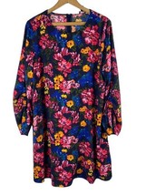 Halogen 1 / US 14 Dress Shift Long Sleeve Blue Floral Print Popover Chiffon - $39.29