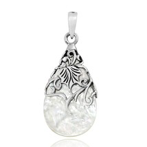 Vintage Vine Adorned Teardrop White Mother of Pearl and .925 Silver Pendant - £13.40 GBP