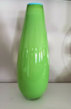 Hand Blown Art Glass Vase Lime Green with Baby Blue Rim Contemporary - $349.68 MXN