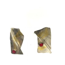 Vtg Sterling Two Tone Vermeil Gold Gilt Abstract Pink Rubellite Stud Ear... - £51.43 GBP