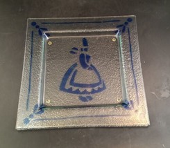 Vintage 10-Inch Square Bent Art Glass Tray, Blue Toll Amish Woman, Textu... - $14.85