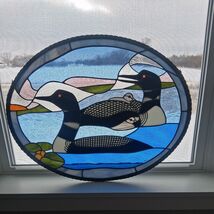 Leaded Beveled Stained Glass Oval Window Panel Loons and Babies 26.5 x 2... - $296.01