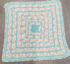 70&#39;s 80&#39;s Grandma Made Pink &amp; Mint Blue Crochet Baby Blanket - £11.59 GBP
