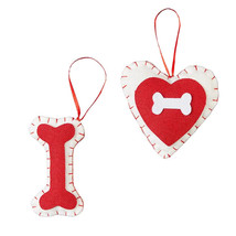 NEW Dog Bones &amp; Heart Christmas Ornaments Set of 2 red &amp; beige fabric 4 ... - £4.66 GBP