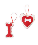 NEW Dog Bones &amp; Heart Christmas Ornaments Set of 2 red &amp; beige fabric 4 ... - $5.95