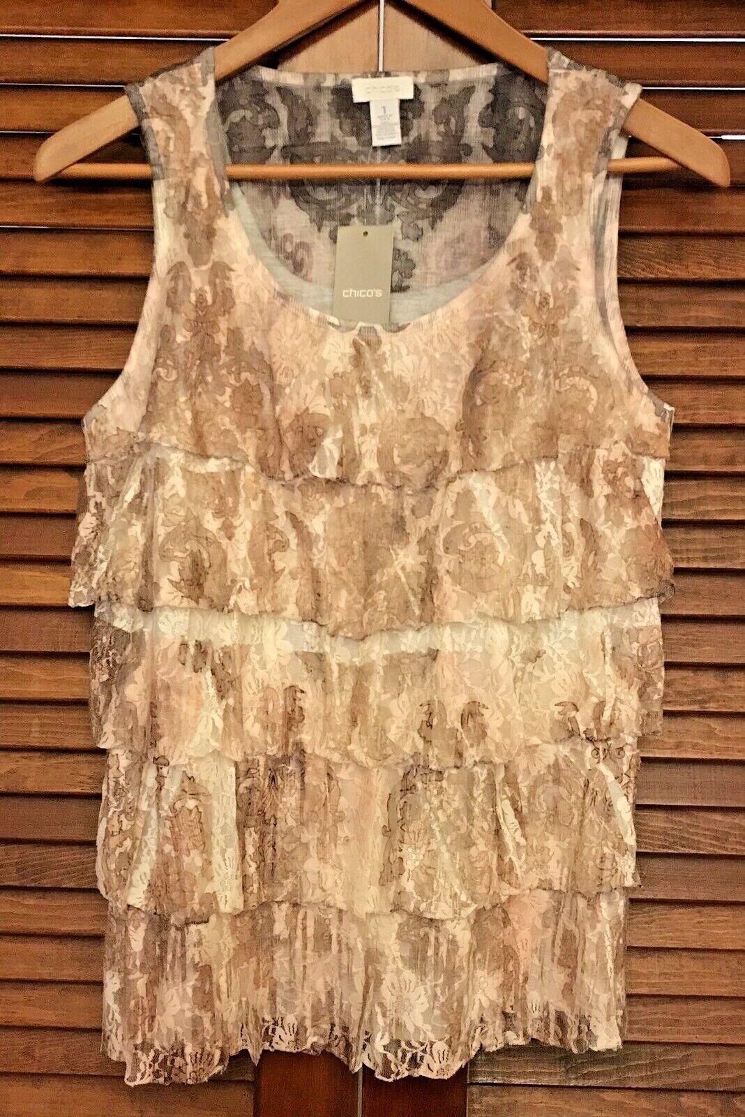 Primary image for New Chico's Organic Naturals Tier Lace Ruffle Sublimation Tank Top Womens Sz 1