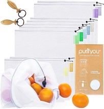 purifyou Reusable Produce Bags  Washable Mesh Set of 9 Grocery w Drawstring NEW - £18.66 GBP