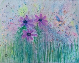Original Watercolor Painting  8&quot; x 10&quot; Gold Purple Blue Green Field of F... - $92.40 MXN
