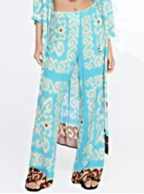 ZARA Flowing BOHO Teal Blue -Brown Print Palazzo Trousers Pants- M - $38.99