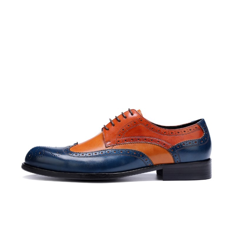 Men Two Tone Blue Orange Brogue Toe Wing Tip Oxford Real Leather Shoes US 7-16
