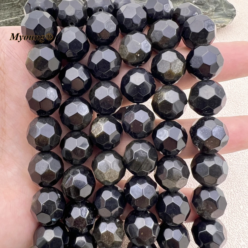 2Strands 14MM Wholesale Large Faceted Natural Stone Golden Obsidian Roun... - £26.60 GBP