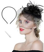 Kidukso Fascinators Hat Vintage 1920s Derby Mesh Veil Feathers Black - $15.41 CAD