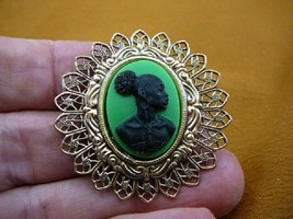 (CA10-110) Rare African American Lady Green + Ivory Cameo Pin Pendant Jewelry - £22.78 GBP