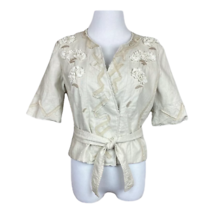 Elie Tahari Wrap Jacket Womens M Beige Linen Floral Applique Crop Short ... - £31.88 GBP