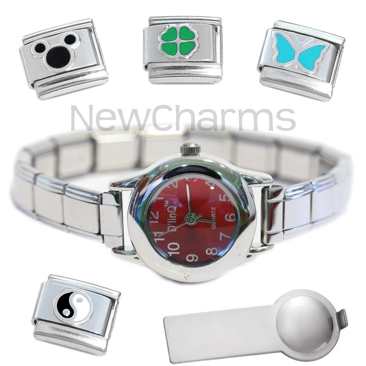 Red Round Italian Charm Watch with Bracelet and Tool &amp; Stainless Steel C... - $18.69