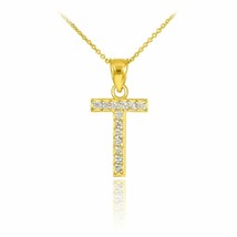 10k Solid Yellow Gold Diamond Monogram Initial Letter T Pendant Necklace - £201.34 GBP+