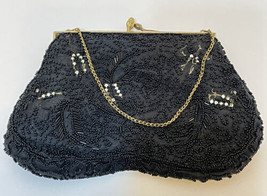 Vintage Womens Small Black Beaded Evening Bag Satin Lining 7x4.5 Chain S... - £17.69 GBP