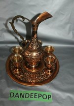 Decorative Copper Metal Inlay Pitcher With 6 Cups And Serving Tray - £54.48 GBP