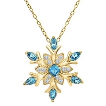 14K Yellow Gold Plated Blue Topaz &amp; White Snowflake Pendant Necklace With Chain - £36.75 GBP