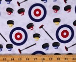 Cotton Curling Stones Brooms Winter Ice Sports White Fabric Print BTY D6... - £9.51 GBP