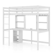 Twin Loft Bed with LED Light and Desk No Box Spring Needed-White - Color... - $430.47