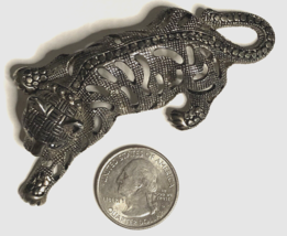 VINTAGE SILVER-TONE LEOPARD CAT BROOCH PIN LARGE NICE DESIGNER BLACK ONY... - £26.58 GBP