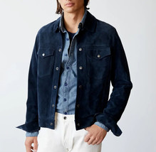 Navy Blue Leather Trucker Men Pure Suede Shirt Handmade Stylish Casual Fashion - £90.23 GBP+