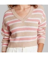 Wild Fable Tan &amp; Peach Striped V-Neck Cropped Sweater Medium - $12.18 CAD
