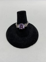 Stunning Silver Tone Round Simulated Purple and 2 Diamond Stone Ring  Si... - $14.85