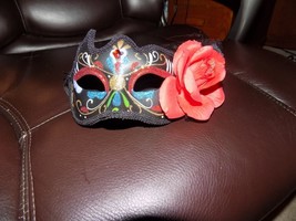 Deluxe Black Masquerade Mask W/Rose NEW - £17.69 GBP