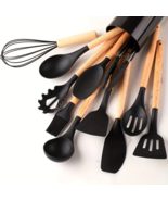 12Pcs/set, Silicone Cooking Utensils Set With Wooden Handle (Black) - $35.68