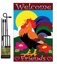 Welcome Friends Rooster - Applique Decorative Metal Garden Pole Flag Set GS11003 - £23.88 GBP