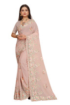 Designer Dusty Peach Resham Embroidery Work Sari Georgette Party Wear Saree - £69.56 GBP