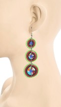3.75&quot; Long Multicolor Maasai Beads 3-Circle Handmade Earrings, Ethnic From Kenya - £10.79 GBP