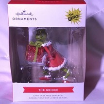Hallmark 2021 Dr Seuss The Grinch Holding Glitter Present Red Box Ornament - £19.60 GBP
