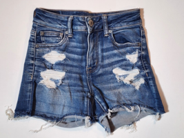 AMERICAN EAGLE-Next Level Stretch-High Rise Shortie-Jean Shorts-Distress... - $12.69