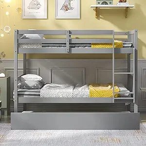 Twin Over Twin Bunk Beds with Trundle, Solid Wood Trundle Bed Frame with... - $637.99
