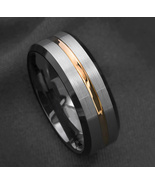 8mm Silver Brushed Black Edge Tungsten Carbide Ring Gold Stripe Men&#39;s an... - £23.55 GBP
