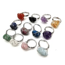 12 pcs Wire Wrap Natural Raw Stone Rings Lapis Lazuli Amethysts Tiger Eye Opal P - £38.83 GBP