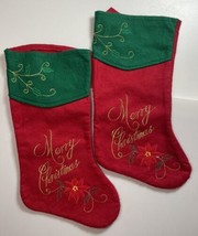 New Without Tags Felt Christmas Stockings 17” Poinsettias Embroidered Lot Of 2 - £6.07 GBP