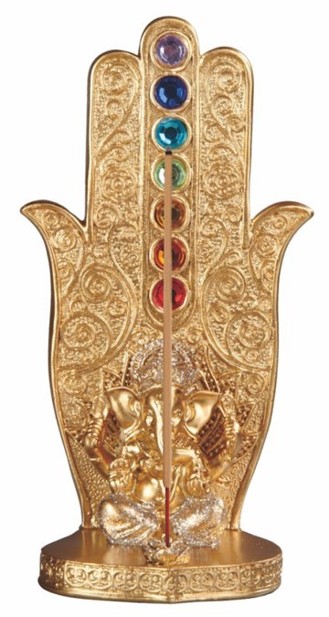 Rainbow Chakra Stones Golden Hamsa Palm With Elephant God Ganesha Incens... - $20.99