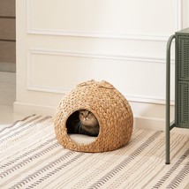 Gertrude Water Hyacinth Woven Wicker Round Cat Bed Cave with Handles - 18&quot; x 18&quot; - £72.74 GBP