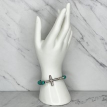 Silver Tone Rhinestone Cross Faux Turquoise Beaded Stretch Bracelet - £5.44 GBP