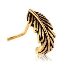 14K Yellow Gold-Plated Silver Feather L-Bend Nose Hoop Stud Pin 20 gauge - £14.78 GBP