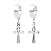 Silver Egypt Ankh Cross Drop Dangle Hoop Earrings Stainless Steel Jewelry Gift - £12.37 GBP